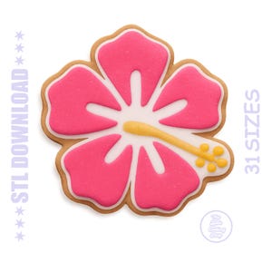 Könnte beinhalten: Ein dekorierter Hibiskusblütenkeks mit rosa Blütenblättern, einem weißen Zentrum und einem gelben Staubblatt. Der Keks hat eine braune Kontur und der Text "31 SIZES" und "STL DOWNLOAD" sind sichtbar.