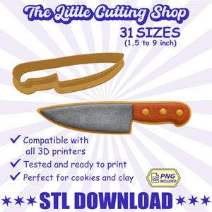 Puede incluir: Un cortador de galletas con forma de cuchillo y una galleta con forma de cuchillo. El cortador de galletas es de color marrón claro. La galleta tiene una hoja gris y un mango marrón con tres puntos naranjas. El texto dice "The Little Cutting Shop" y "STL DOWNLOAD".