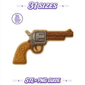 May include: A cookie cutter shaped like a revolver with a silver-colored cylinder and a brown handle and barrel featuring embossed scrollwork patterns. The text 31 SIZES and STL+PNG GUIDE is displayed along with a logo for The Little Cutting Shop.