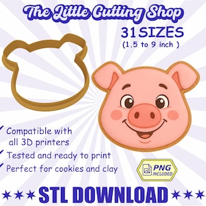 Süßer Schwein Ausstechform STL (1,5-22,5 cm) – Bauernhof Tier, Kawaii Keks | Digitaler Download