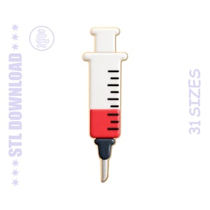 Puede incluir: Una jeringa blanca y roja con un contorno dorado, llena de líquido rojo. La jeringa tiene líneas de medición negras y una punta negra y azul. La imagen también incluye el texto "STL DOWNLOAD" y "31 SIZES".