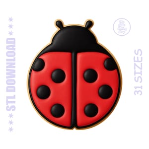 May include: A ladybug-shaped cookie cutter with a red body, black spots, and a black head. The cookie cutter has a light brown edge. Text on the image reads "STL DOWNLOAD" and "31 SIZES".