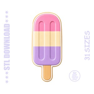 May include: A digital graphic of a three-flavored popsicle with pink, cream, and purple horizontal sections on a wooden stick. The text reads STL DOWNLOAD and 31 SIZES, with a circular logo for The Little Cutting Shop in the bottom right corner.
