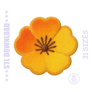 May include: A vibrant, stylized flower design with heart-shaped petals in shades of orange and yellow, featuring a dark brown center. The image includes the text "STL DOWNLOAD" and "31 SIZES". A logo for "The Little Cutting Shop" is also present.