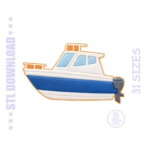 May include: A boat-shaped design with a blue hull, white cabin, and orange accents. The image includes the text "STL DOWNLOAD" and "31 SIZES". A logo for "The Little Cutting Shop" is also present.