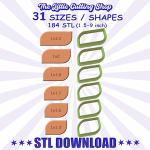 May include: An image showcasing cookie cutter designs from The Little Cutting Shop. The image displays various sizes and shapes, including leaf and rectangular shapes. Text on the image reads "31 SIZES / SHAPES" and "184 STL (1.5-9 inch)". The image is set against a light blue and white background.
