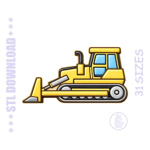 Peut inclure: Illustration d'un bulldozer jaune avec des accents noirs et gris. Le bulldozer a une lame, des chenilles et une cabine avec des fenêtres bleues. L'image comprend le texte "STL DOWNLOAD" et "31 SIZES".