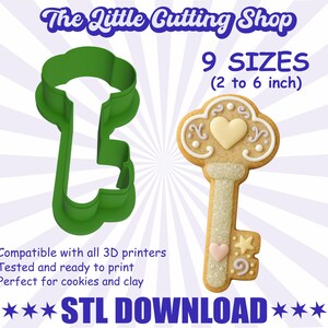 May include: A green key-shaped cookie cutter next to a decorated key-shaped cookie. The image includes the text "The Little Cutting Shop," "9 SIZES (2 to 6 inch)," and "STL DOWNLOAD."