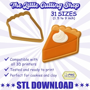 Könnte beinhalten: Ein Bild eines Ausstechers für Kürbiskuchenstücke und eines fertigen Kekses mit Sahne. Der Text lautet "The Little Cutting Shop" und "31 Größen (3,8 bis 22,9 cm)". Das Bild gibt auch an, dass der Ausstecher mit 3D-Druckern kompatibel ist und sich perfekt für Kekse und Ton eignet.