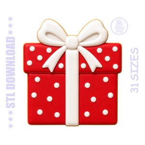 May include: A red square gift box cookie cutter with white polka dots and a large white bow on top. The text on the left reads STL DOWNLOAD and the text on the right reads 31 SIZES. A circular logo in the top right corner reads The Cookie Cutting Shop.