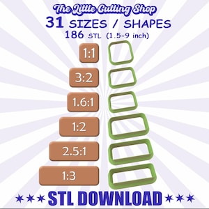 May include: An image promoting "The Little Cutting Shop" with text indicating 31 sizes and shapes, 186 STL files, and sizes ranging from 1.5 to 9 inches. The design includes rectangular shapes and ratio labels like 1:1, 3:2, and 1.6:1. The bottom text reads "STL DOWNLOAD".