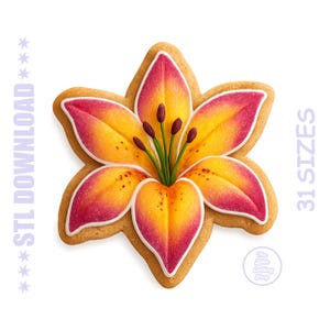 May include: A flower-shaped biscuit with a detailed design. The biscuit features a vibrant gradient of yellow and red hues, with white icing outlining the petals. The text "STL DOWNLOAD" and "31 SIZES" are visible.