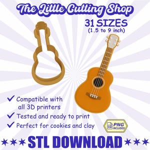 Peut inclure: L'image de "The Little Cutting Shop" présente un emporte-pièce en forme de guitare et une illustration de guitare. L'emporte-pièce est de couleur or et l'illustration de la guitare est marron. Le texte indique 31 tailles disponibles, allant de 3,8 à 22,9 cm. Le texte "STL DOWNLOAD" est également présent.