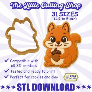Könnte beinhalten: Ein Bild zeigt einen Ausstecher in Eichhörnchenform und einen dekorierten Keks. Der Ausstecher ist ein hellbrauner Umriss, und der Keks ist orange und braun und hält eine Eichel. Der Text lautet "The Little Cutting Shop" und "31 Größen (3.8 bis 22.9 cm)".