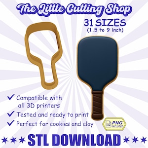 May include: A digital download graphic from The Little Cutting Shop. The image features a cookie cutter and a finished cookie, both shaped like a pickleball paddle. The cookie cutter is 1.5 to 9 inches in size. The image includes the text "STL DOWNLOAD".