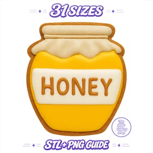 Peut inclure: Un biscuit en forme de pot de miel avec un glaçage jaune, une étiquette blanche portant le mot HONEY en brun et un couvercle beige. Le texte 31 SIZES figure en haut et STL+PNG GUIDE en bas avec un petit logo circulaire.