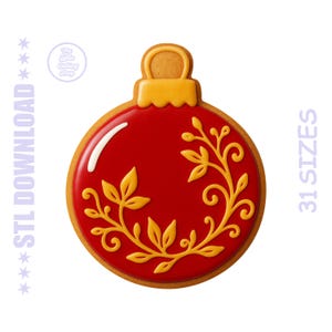 May include: A red Christmas ornament cookie with a yellow floral design. The cookie has a white highlight and a yellow top. The text "STL DOWNLOAD" is on the left side and "31 SIZES" is on the right side.