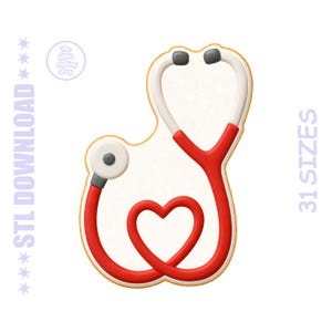 May include: A white and red stethoscope design with a heart-shaped element. The design has a light beige border and is set against a white background. The text "STL DOWNLOAD" and "31 SIZES" are visible.