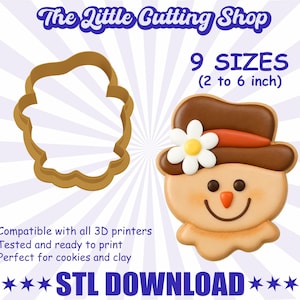 May include: A tan-colored cookie cutter in the shape of a scarecrow's head, next to a decorated cookie. The cookie has a brown hat, a white flower, and a smiling face. The text reads "9 SIZES (2 to 6 inch)" and "STL DOWNLOAD".