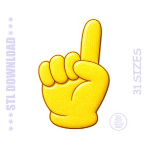 May include: A yellow foam hand with the index finger pointing up. The hand has a textured surface and a brown outline. Text on the left says "STL DOWNLOAD" and text on the right says "31 SIZES". A small logo is in the bottom right corner.