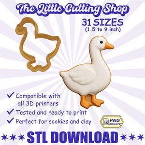 May include: A white goose-shaped cookie cutter and a finished cookie are displayed. The cutter is gold, and the cookie has white icing with orange beak and feet. Text reads "The Little Cutting Shop" and "31 Sizes (1.5 to 9 inch)".