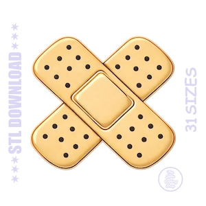 May include: A gold-colored bandage with black dots, crossed over each other. The bandage has a rectangular pad in the center. The text "STL DOWNLOAD" and "31 SIZES" are on the image.