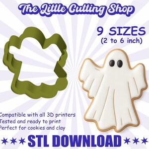 May include: A green ghost-shaped cookie cutter next to a decorated ghost cookie. The image includes the text "The Little Cutting Shop," "9 Sizes (2 to 6 inch)," and "STL DOWNLOAD."
