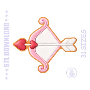 May include: A Valentine's Day-themed design featuring a pink bow and arrow with a red heart-shaped arrowhead. The bow has a white center and a textured, golden-brown outline. The text "STL DOWNLOAD" and "31 SIZES" are visible.