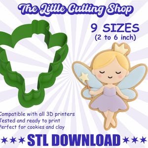 Peut inclure: Un emporte-pièce vert en forme de fée et un biscuit en forme de fée. L'image comprend le texte "The Little Cutting Shop", "9 TAILLES (5 à 15 cm)" et "STL DOWNLOAD". L'emporte-pièce est compatible avec les imprimantes 3D.
