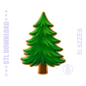 May include: A green Christmas tree-shaped cookie cutter with a brown trunk and a light brown border. The image includes the text "STL DOWNLOAD" and "31 SIZES". The Little Cutting Shop logo is also visible.