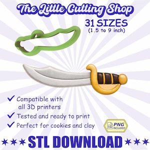 May include: Image features two cookie cutter designs: a green curved shape and a pirate sword. The text reads "The Little Cutting Shop" and "31 SIZES (1.5 to 9 inch)". Additional text indicates compatibility with 3D printers and suitability for cookies and clay. Includes a PNG file.