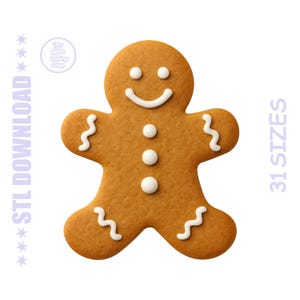 Op de afbeelding: Een peperkoeken mannetje koekje met witte glazuur details. De koek heeft een lachend gezicht, knopen en decoratieve zigzags. Tekst links zegt "STL DOWNLOAD" en rechts "31 MATEN". Het logo van The Little Cutting Shop staat linksboven.