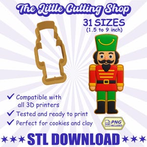 Puede incluir: Imagen de descarga digital con un cortador de galletas de cascanueces y una ilustración de cascanueces. El cortador es de color marrón claro. La ilustración del cascanueces es roja, verde, negra y amarilla. El texto dice "The Little Cutting Shop" y "31 TAMAÑOS (3,8 a 22,9 cm)".