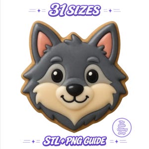 Könnte beinhalten: Ein Ausstechförmchen in Form eines Cartoon-Wolfskopfes mit grauem Fell, cremefarbener Schnauze und rosa Innenohren. Der Text 31 SIZES und STL+PNG GUIDE erscheint in Lila. Ein kreisförmiges Logo zeigt The Little Cutting Shop unten rechts.