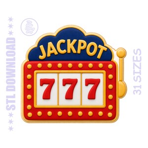 May include: A colorful slot machine design with the word "JACKPOT" at the top. The machine displays three red sevens. The design is outlined in yellow and red, with a blue background. The text "STL DOWNLOAD" and "31 SIZES" are also visible.