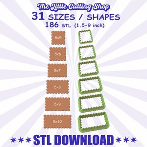 Könnte beinhalten: Bild von "The Little Cutting Shop" mit Keksform-Designs. Rechteckige Formen in Braun und Grün, Größen von 5x5 bis 5x10 Zoll (12,7x12,7 bis 12,7x25,4 cm). Text: "31 GRÖSSEN / FORMEN" und "186 STL (3,8-22,9 cm)."