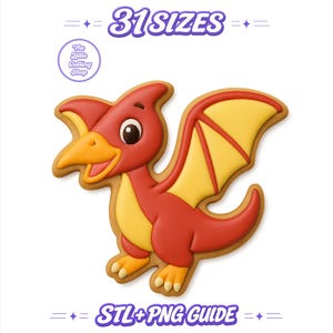 Könnte beinhalten: Ein rot-gelber Keks in Form eines Pterodaktylus mit Cartoon-Gesicht. Der Text 31 SIZES steht oben und STL+PNG GUIDE unten. Ein kreisförmiges Logo für The Little Cutting Shop ist in der oberen linken Ecke des Bildes zu sehen.