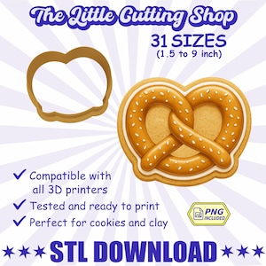 Puede incluir: Imagen de un cortador de galletas con forma de pretzel y una ilustración de pretzel decorado. El texto dice "The Little Cutting Shop" y "31 TAMAÑOS (3,8 a 22,9 cm)". Incluye el texto "STL DOWNLOAD".