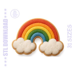 Könnte beinhalten: Ein regenbogenförmiger Keks mit roten, orangen, gelben, grünen und blauen Schichten und zwei weißen wolkenförmigen Keksen am unteren Rand. Der Keks hat einen hellbraunen Rand. Der Text links lautet "STL DOWNLOAD" und rechts "31 SIZES".