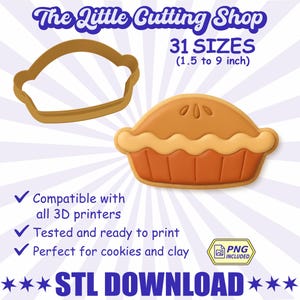 Può includere: Un tagliabiscotti a forma di torta e un rendering 3D di una torta. Il testo recita "The Little Cutting Shop" e "31 Misure (3,8 a 22,9 cm)". L'immagine include anche il testo "Compatibile con tutte le stampanti 3D".