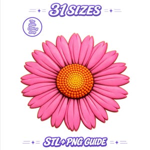 May include: A digital graphic of a pink daisy flower with a textured orange and yellow centre. The text 31 SIZES appears at the top, and STL+PNG GUIDE is at the bottom. A circular logo for The Little Cutting Shop is in the upper left corner.