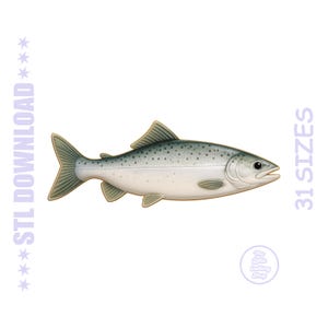 May include: A detailed illustration of a fish, featuring a silver body with dark spots and gray fins. The image includes the text "STL DOWNLOAD" and "31 SIZES". A small circular logo is also present.