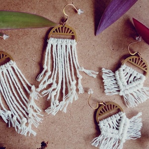 Unique cotton micromacrame earrings, Handmade long dangle earrings, Brass earrings with macrame fringes, Boho style macrame earring charm
