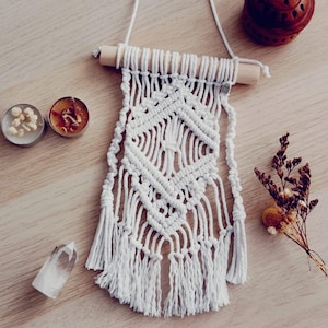 Tapestry boho wall hanging, Ethnic style interior home, Macrame handmade decoration, Samall macrame tapestry, White spiritual tapestry hang