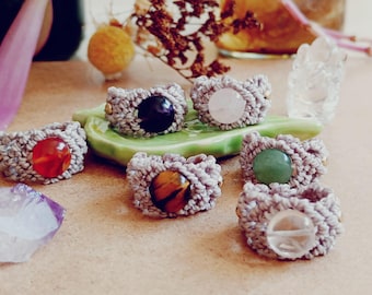 Micromacrame rings with gems, Gemstone knotted ring macrame, Macrame ring with golden beads and mineral, Micromacrame bohemian jewelry
