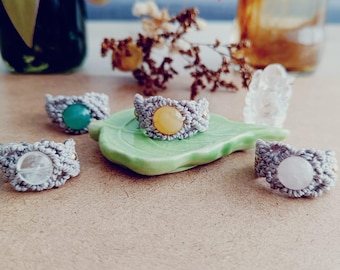 Gemstone and beads macrame ring, Bohemian jewelry micromacrame ring, Crystal gems ring macrame, Tribal micromacrame jewelry festival