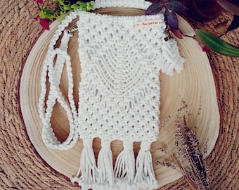 Macrame tas voor smartphone, Chique schoudertas voor uitgaan, Macrame crossbody tas voor mobiele telefoon, Macrame tas met knoopsluiting