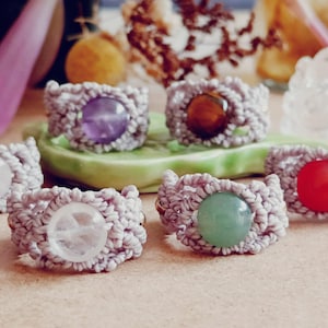 Micromacrame rings with gemstones, Micromacrame ring jewelry with mineral, Macrame bohemian jewelry, Macrame with golden beads and gems