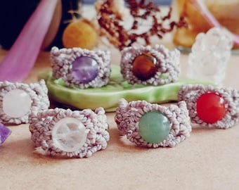 Micromacrame rings with gemstones, Micromacrame ring jewelry with mineral, Macrame bohemian jewelry, Macrame with golden beads and gems