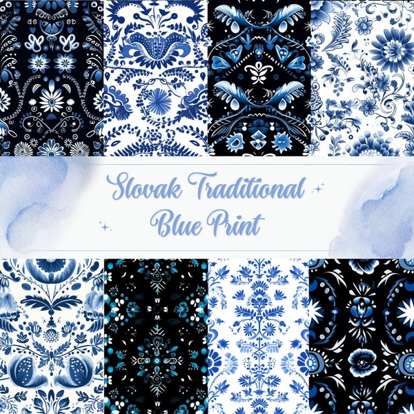 Slovak Traditional Blue Print - Navy formal background paper 12x12, printable graphic for scrapbooking, cards, prints. Instant Download